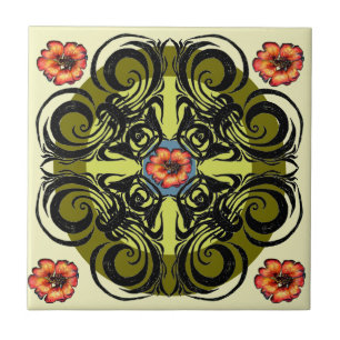 Rote Blumen und schwarze Retro Fliesen