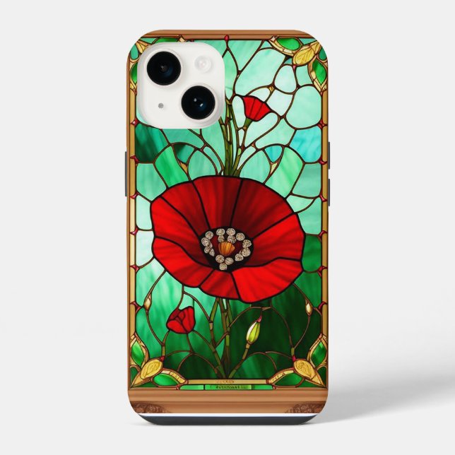 Rote Blumen-Vitrage-Kunst iPhone 14 Hülle (Rückseite)