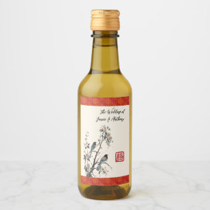 Rote Blumen Vögel moderne chinesische Hochzeit Weinetikett