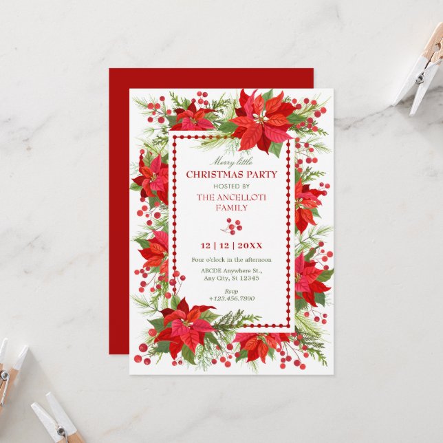 Rote Blumenbeere Weihnachten Party Einladung (Vorderseite/Rückseite Beispiel)