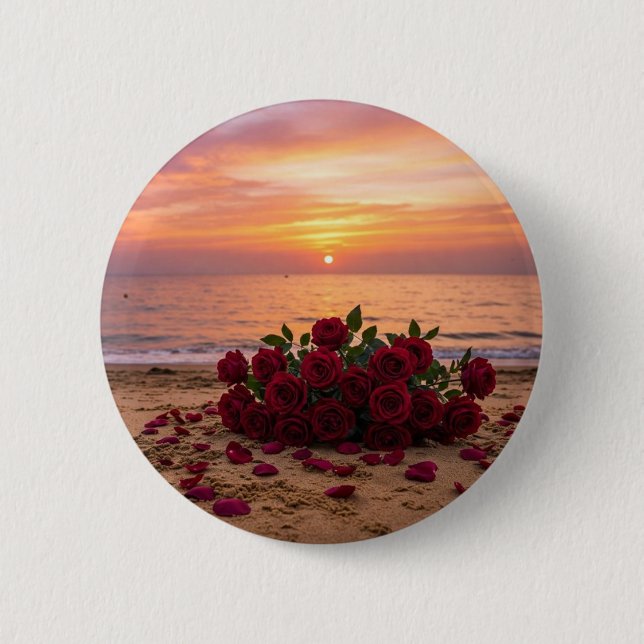 Rote Blumenbrosche mit Blick auf einen Strand Button (Vorderseite)