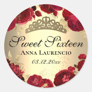 Rote Blumige Rosen Gold Sweet Sixteen Runder Aufkleber