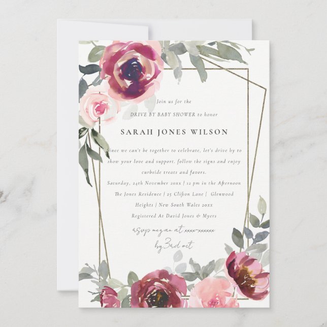 ROTE BLUSH ROSE FLORAL DRIVE BY BABY SHOWITE EINLA DANKESKARTE (Vorderseite)
