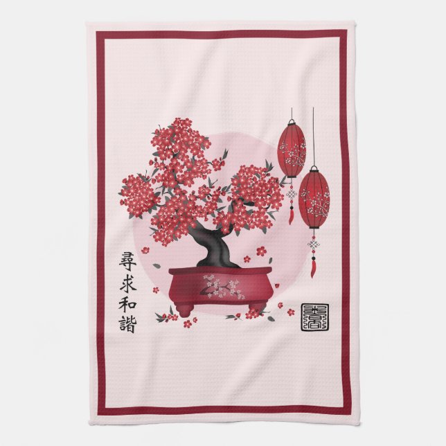 Rote Blüte bonsai 'Seek harmony' in Chinesisch Geschirrtuch (Vertikal)