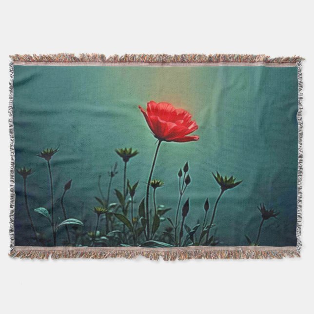 Rote Blüte im dunklen Nebel Design Decke (Vorderseite)