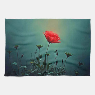 Rote Blüte im dunklen Nebel Design Geschirrtuch