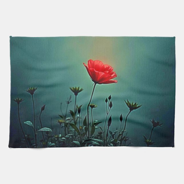 Rote Blüte im dunklen Nebel Design Geschirrtuch (Horizontal)