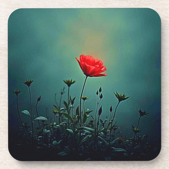 Rote Blüte im dunklen Nebel Design Getränkeuntersetzer (Vorderseite)