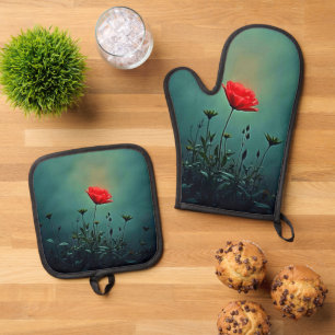 Rote Blüte im dunklen Nebel Design Ofenhandschuh & Topflappen-Set