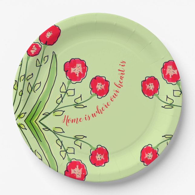 Rote Blüte mit grünem Papierschild Pappteller (Vorderseite)