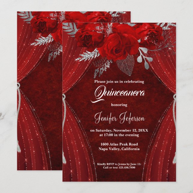 Rote Blüte Quinceanera Einladung (Vorne/Hinten)