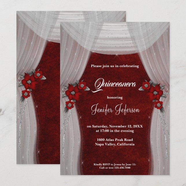 Rote Blüte Quinceanera Einladung (Vorne/Hinten)