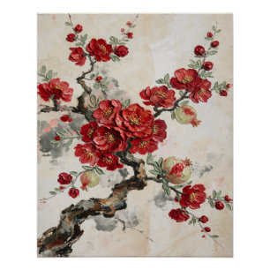 Rote Blüten Granatapfelzweig Ölmalerei Kunst Poster
