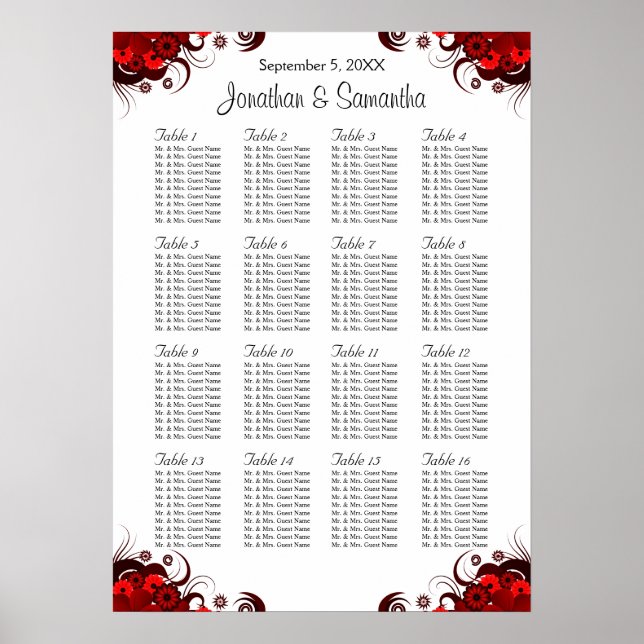 Rote Blütenblätter und weiße 16 Hochzeitstische Poster (Vorne)