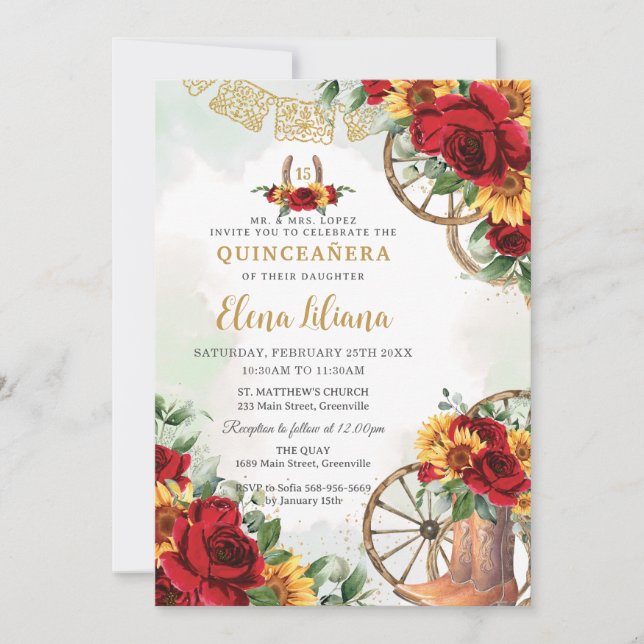 Rote Blütenblumen Stiefel Horseshoe Quinceañera Einladung (Vorderseite)