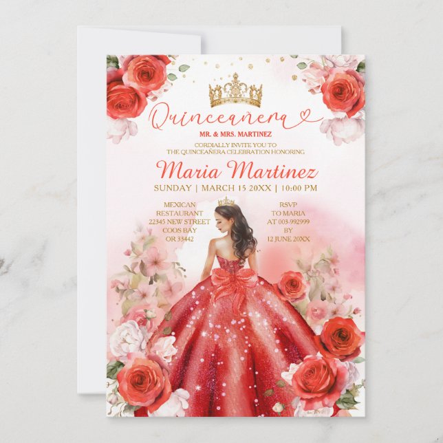 Rote BlütenPrinzessin Dress Gold Crown Quinceañera Einladung (Vorderseite)