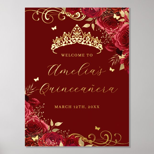 Rote Blütenwirbel Quinceanera Begrüßungszeichen Foliendrucke (Vorderseite)