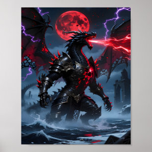 Rote Blutmond gepanzerte schwarze Drache Fantasy Poster
