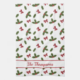 Rote Bogen und Weihnachts-Holzosen-Muster und Text Geschirrtuch