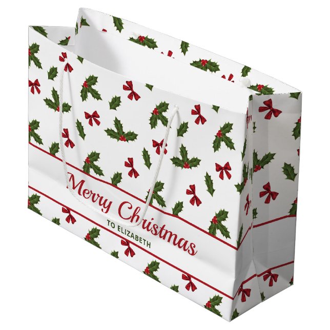 Rote Bogen und Weihnachts-Holzosen-Muster und Text Große Geschenktüte (Vorderseite Schrägansicht)