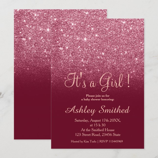 Rote Bordeaux-Glitzer-Chic-Obro-Girl-Dusche Einladung (Vorne/Hinten)
