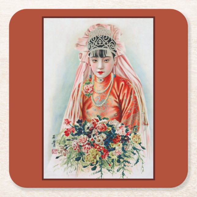 Rote Braut bei chinesischer Hochzeit in Shanghai Rechteckiger Pappuntersetzer (Vorderseite)