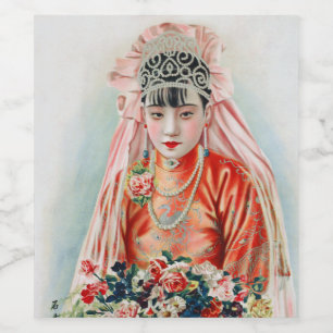 Rote Braut bei chinesischer Hochzeit in Shanghai Weinetikett
