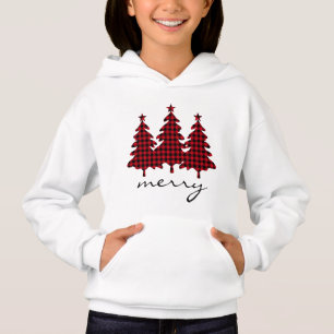Rote Büffelkarierte Kiefernbäume Hoodie