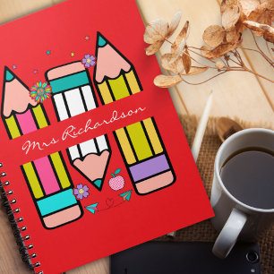 Rote Bunte Lehrernamens Bleistift Cartoon Notizblock