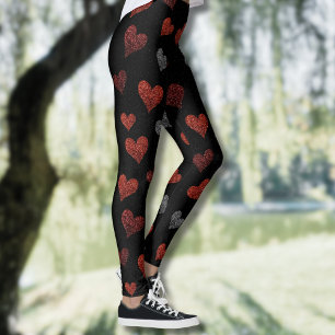 Rote Burgunder Silber Glitter Herzen auf Schwarz Leggings