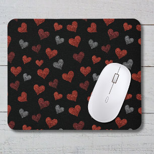 Rote Burgunder Silber Glitter Herzen auf Schwarz Mousepad