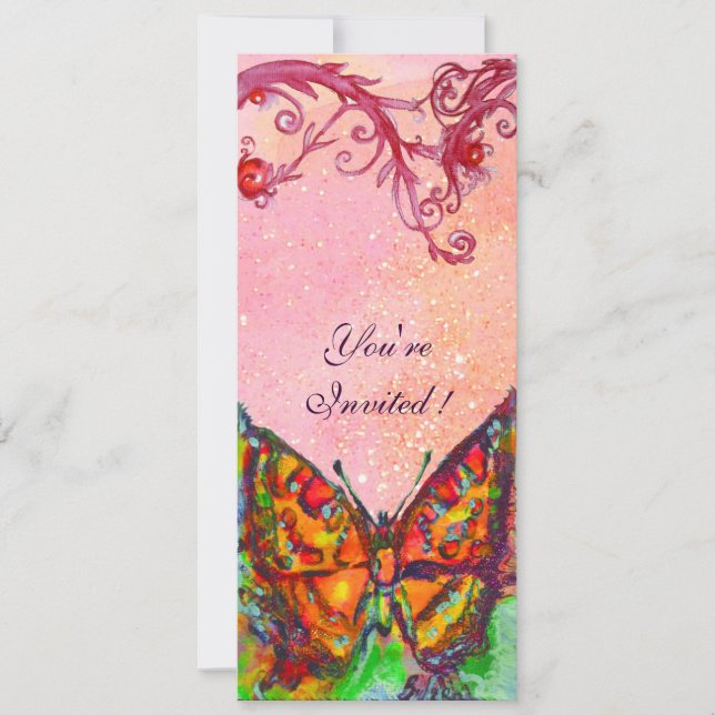 ROTE BUTTERFLY PINK FUCHSIA WIRBEL, GOLD GLITZERN EINLADUNG (Vorderseite)