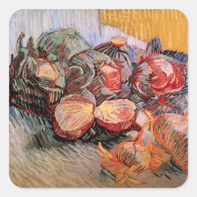 Rote Cabbages und Onions von Vincent van Gogh Quadratischer Aufkleber (Vorderseite)