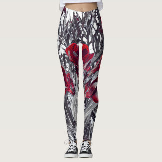 Rote Calla und monochrome Blattdruck-Leggings Leggings