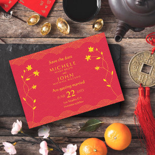 Rote chinesische Blumen-Save-the-Date-Karte Einladung