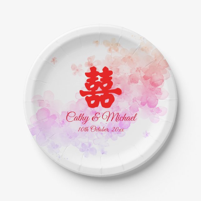 Rote Chinesische Hochzeit Aquarellkirsche Blüte Pappteller (Vorderseite)