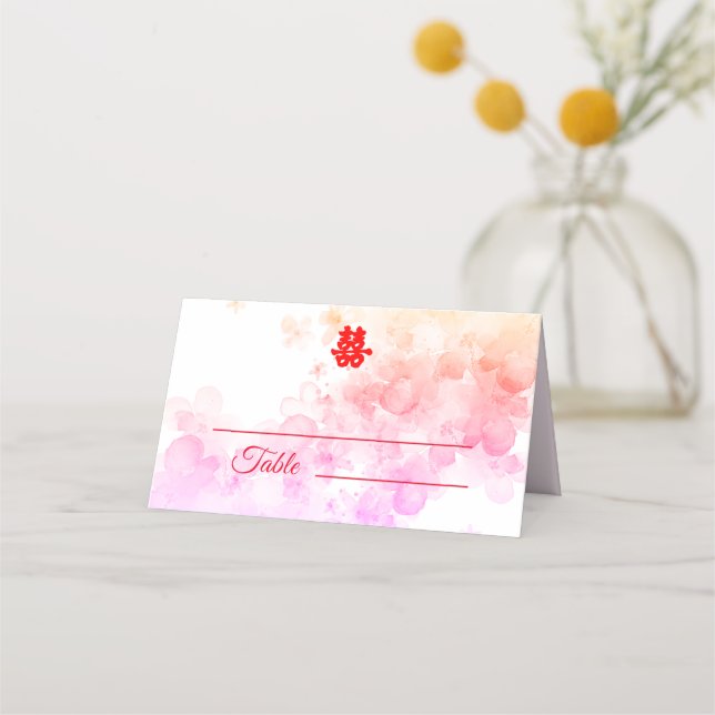 Rote Chinesische Hochzeit Aquarellkirsche Blüte Platzkarte (Vorderseite)