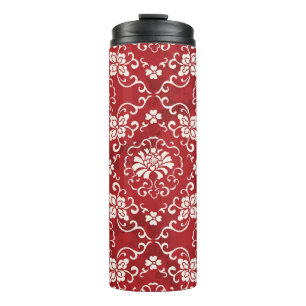 Rote chinesische Spiralen-Blumen Hintergrund. Thermosbecher