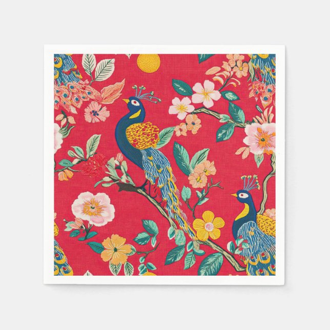 Rote Chinoiserie Flora und Fauna Serviette (Vorderseite)