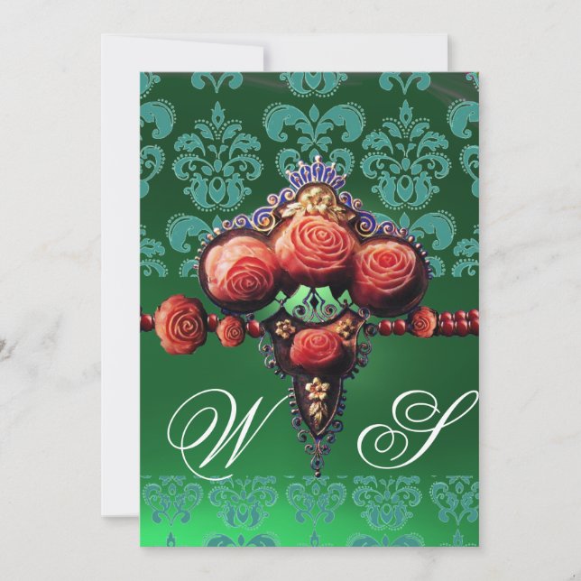 ROTE CORAL-ROSE, BLUE BLACK GREEN DAMASK MONOGRAMM EINLADUNG (Vorderseite)