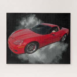 Rote Corvette mit grauem, rauchabnehmbarem Hinterg