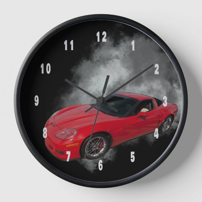 Rote Corvette mit grauem, rauchabnehmbarem Hinterg Uhr (Vorderseite)