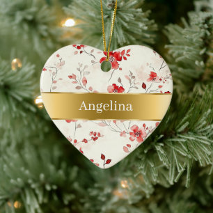 Rote Creme Blumen Goldband Weihnachten Keramik Ornament