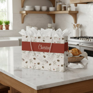 Rote Creme Boho Woodland Winterberry Monogramm Nam Große Geschenktüte