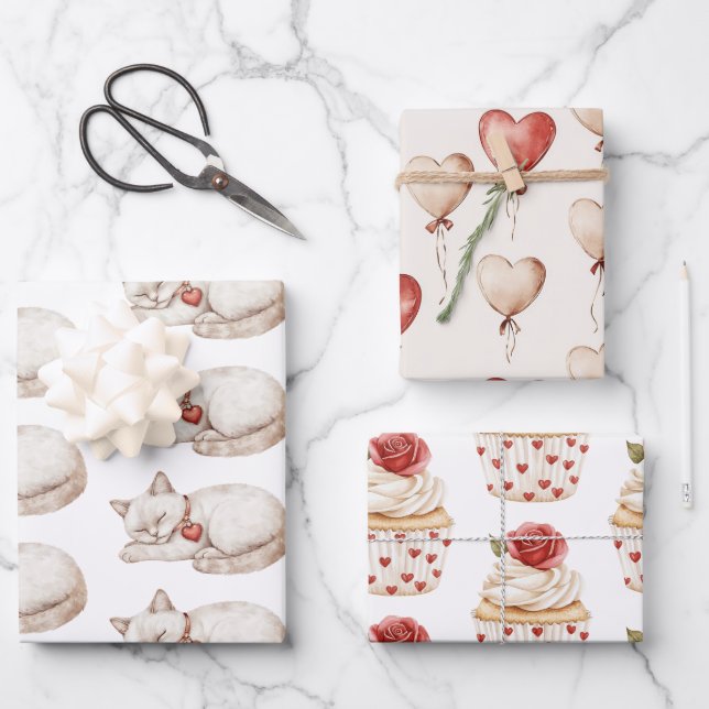 Rote Creme Herz Balloons Katzen Cupcakes Geburtsta Geschenkpapier Set (Vorderseite)