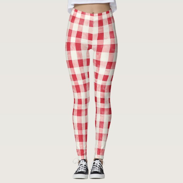 Rote Creme Karierte Streifen   Leggings (Vorderseite)