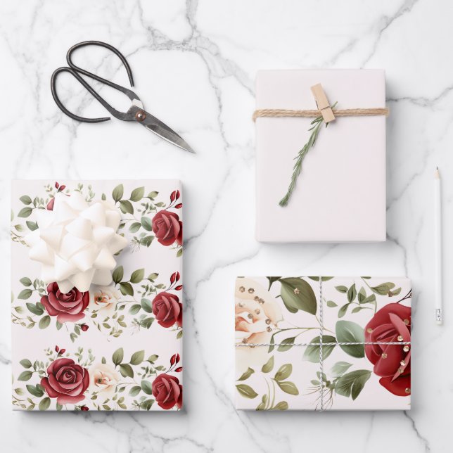 Rote Creme Rose Goldhochzeit Geschenkpapier Set (Vorderseite)