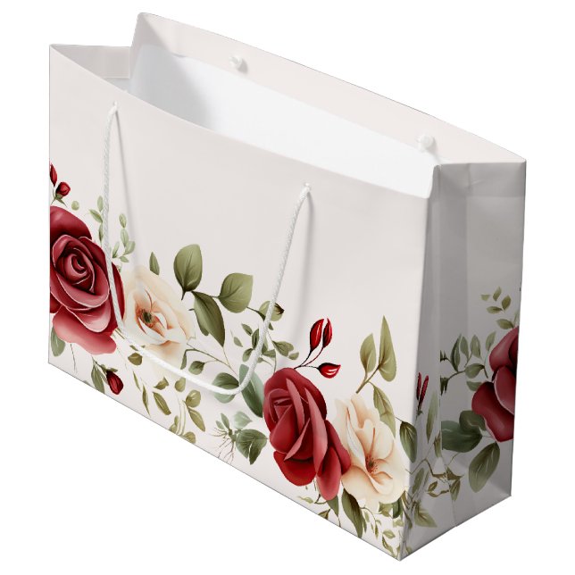 Rote Creme Rose Goldhochzeit Große Geschenktüte (Vorderseite Schrägansicht)