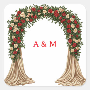 Rote Creme-Rosen-Hochzeitsbogen-Aufkleber-Thema 🌹 Quadratischer Aufkleber