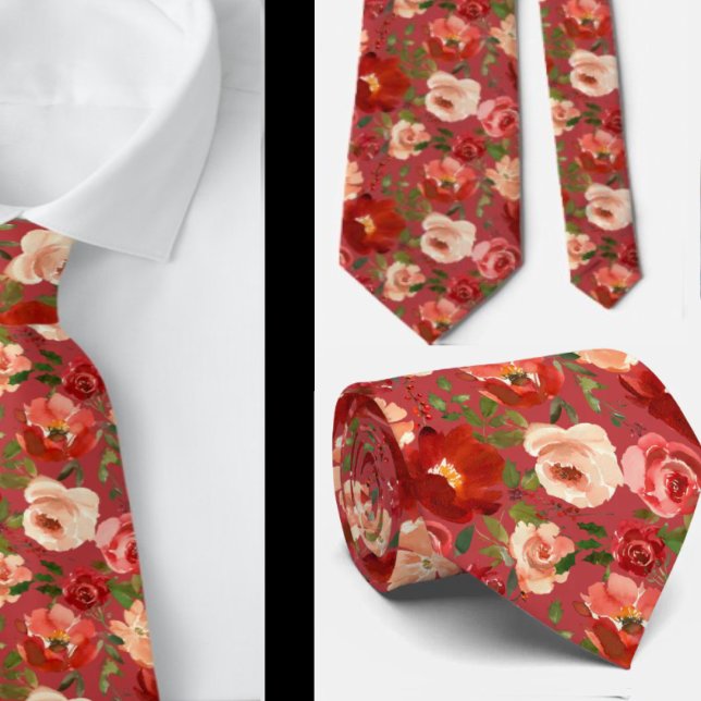Rote Creme Wasserfarben Rose Neck Tie Krawatte (Von Creator hochgeladen)